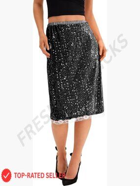 Sequin Midi Skirt Y2K Elastic High Waisted Stretchy Sparkly Party Night Out Club